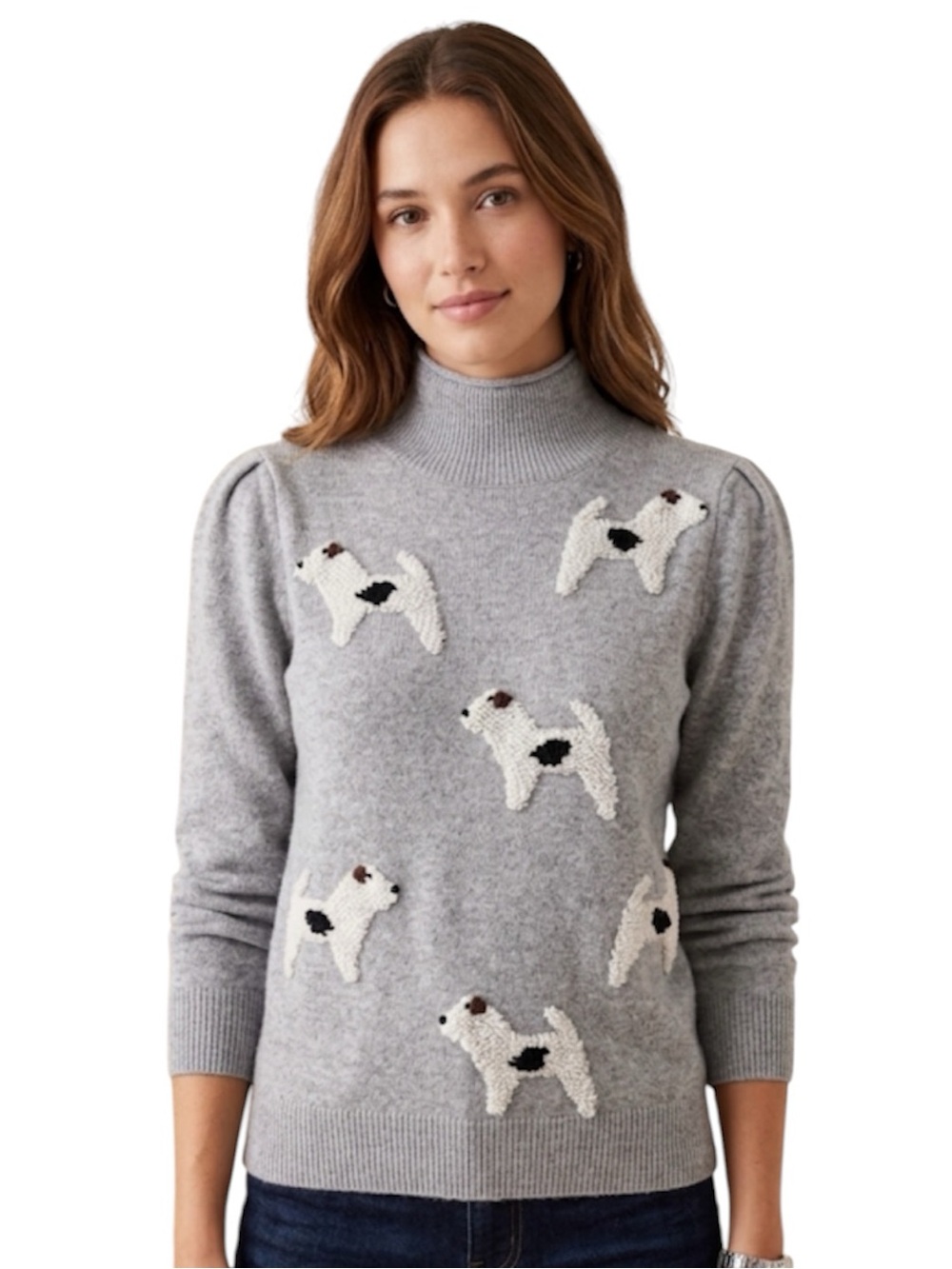 LOFT Gray Mock Neck Sweater Small S Embroidered Dog Cotton Wool Blend Knit
Y